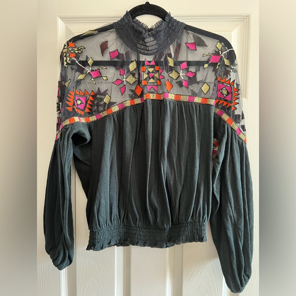 Free People Embroidered Mesh Blouse